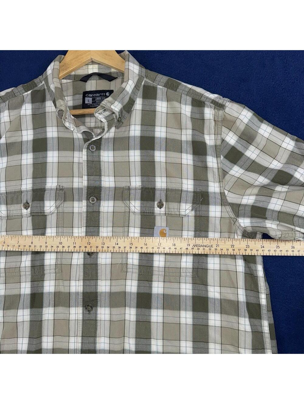 Carhartt Loose Fit Mens Large Plaid Button Front Work Shirt Green Beige Unility - Picture 7 of 9